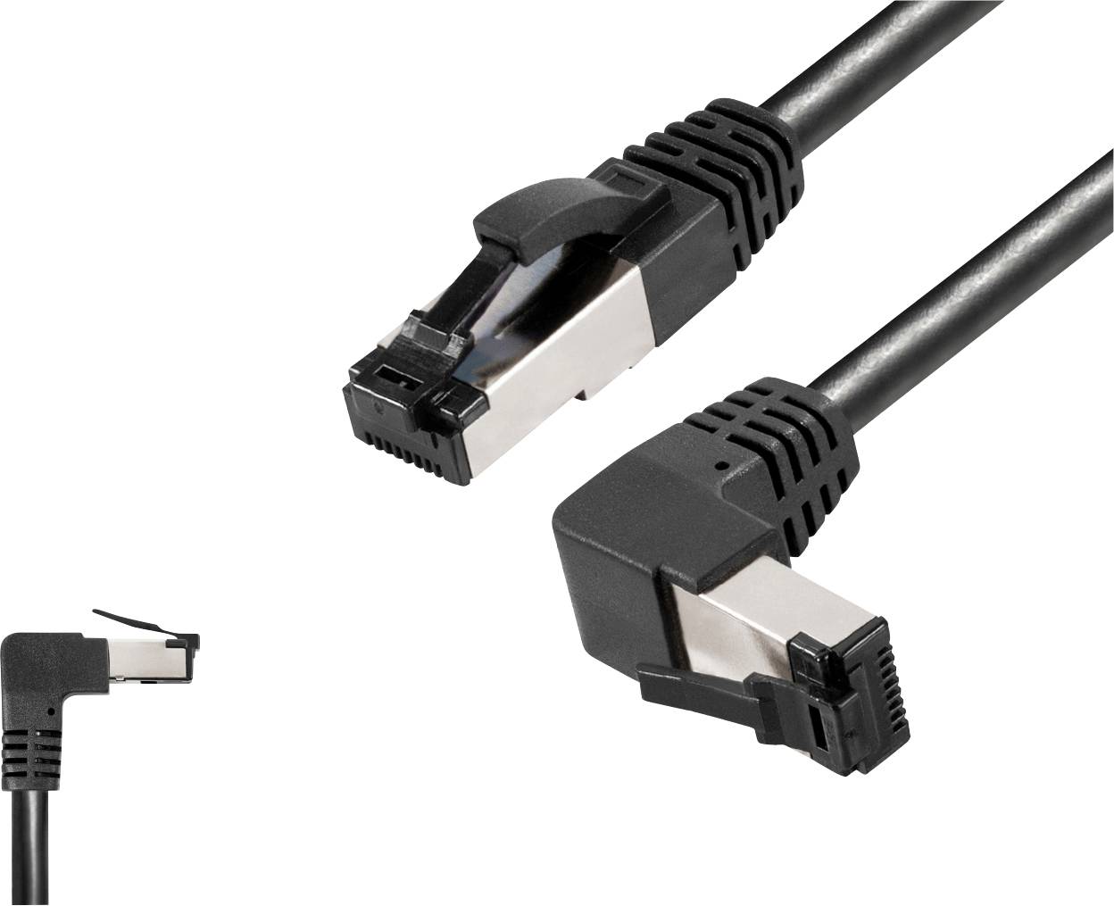 Two black Ethernet cables with angled connectors. One has a 90-degree angle pointing upwards, the other pointing downwards.