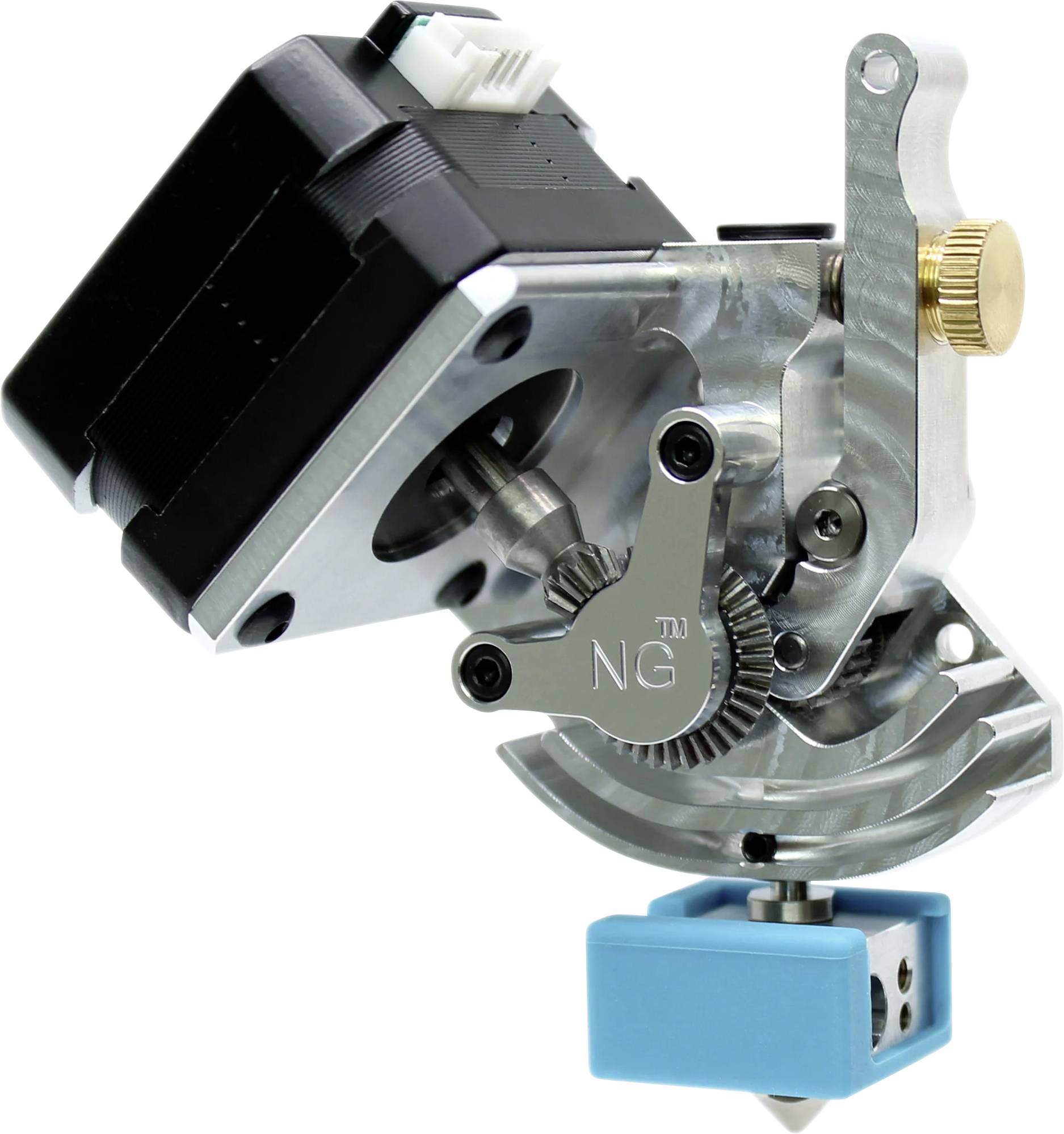 Metallic 3D printer extruder with gears, motor and nozzle. Key component for precise 3D printing.