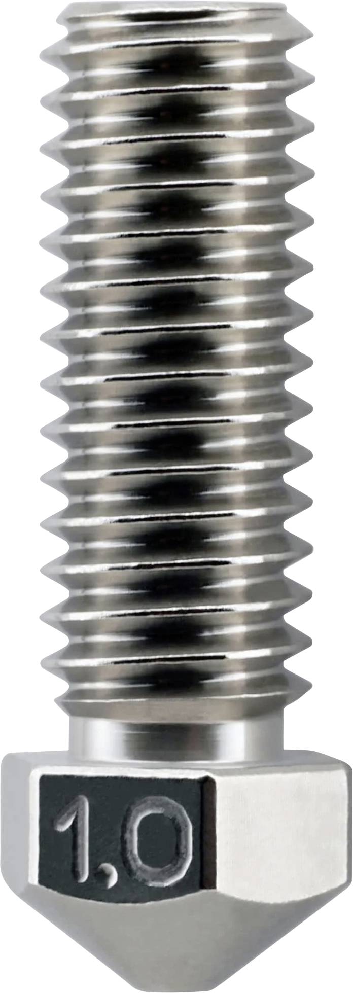 Close-up of a silver threaded metal nozzle with a hex base, marked '1.0' on the side.
