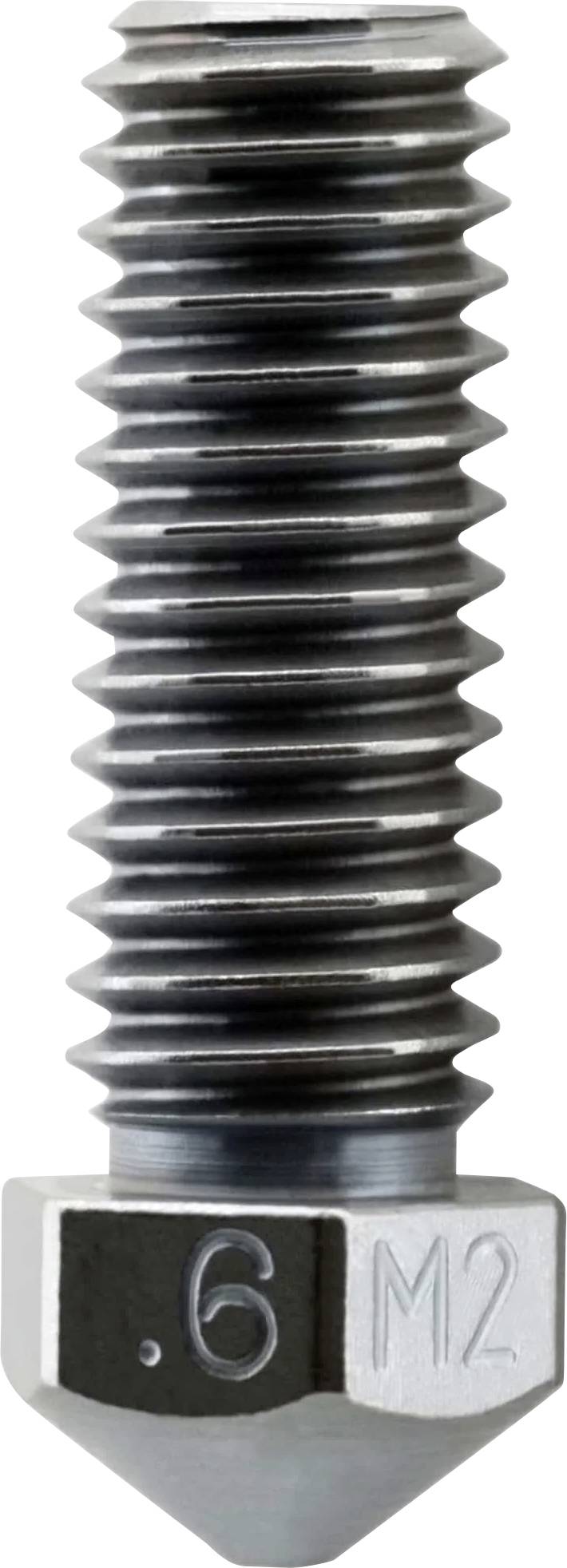 Close-up of a metal threaded screw with a hexagonal head stamped '6' and 'M2'.