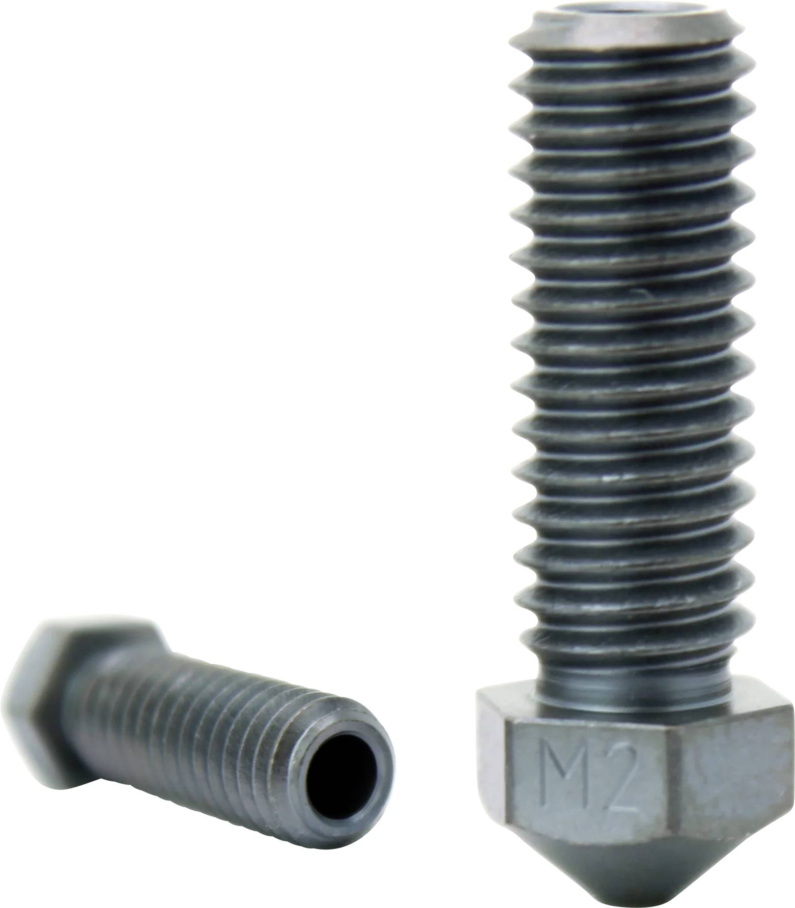 Two black metal bolts on a white background, one upright with an M2 hex head and one lying horizontally with a hollow center.