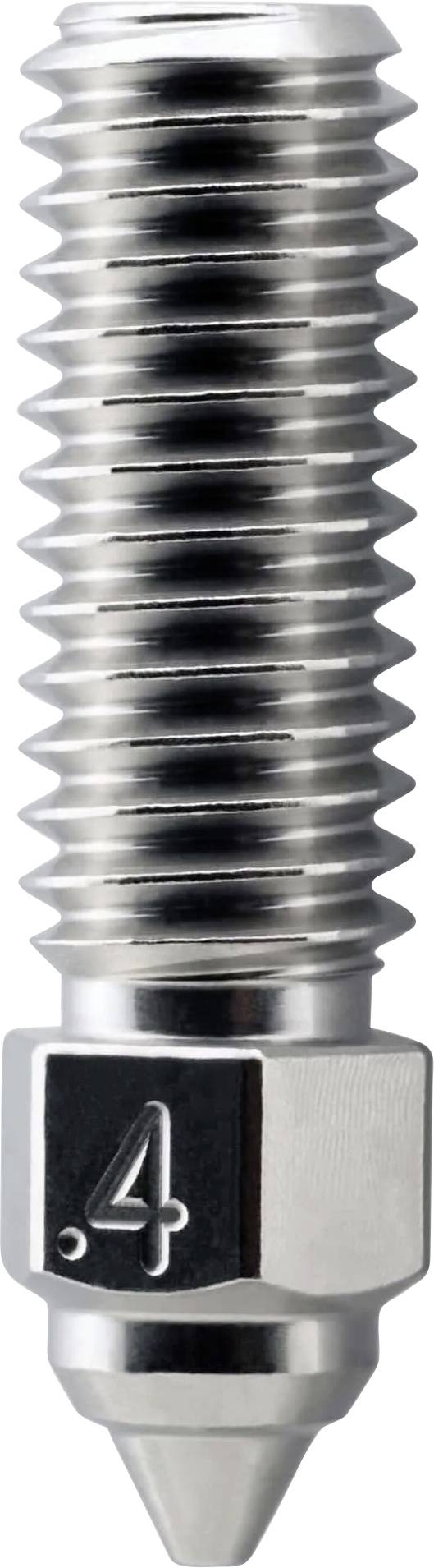 Close-up of a metal threaded bolt or screw with a hex base and tapered pointed tip, labeled '4' on the head.