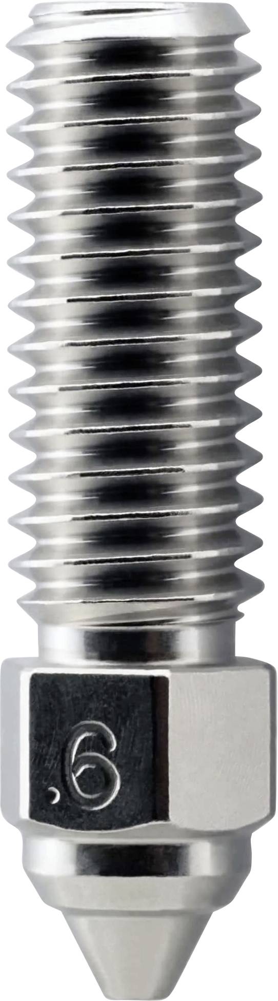 Close-up of a metal threaded screw or nozzle with a hex nut base and pointed tip, shown vertically on a white background.