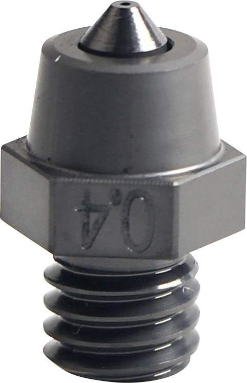 Close-up of a black metal screw-in nozzle or valve with a conical tip and hex base on a white background.