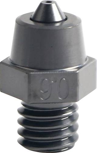 Close-up of a metal nozzle or grease fitting with a threaded base, marked '90'.