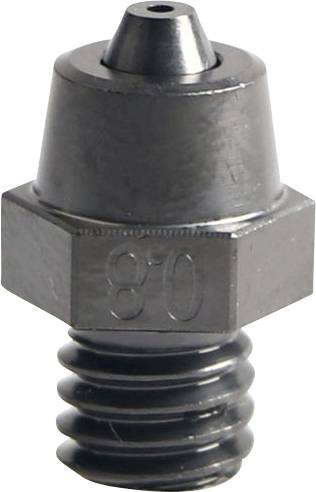 Close-up of a metal threaded nozzle or jet, marked '80', with a hex base and tapered tip on a white background.