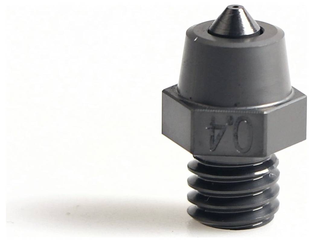 Black threaded nozzle or valve fitting with a hex base and cone-shaped tip on a white background.
