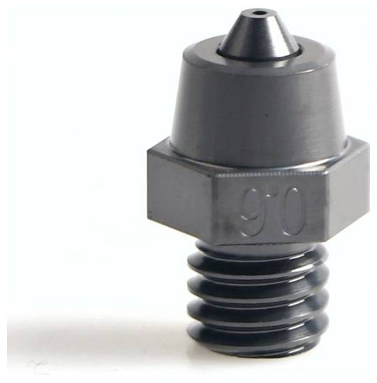Black metal 3D printer nozzle with hex base and threaded lower section, marked '0.4', on a white background.
