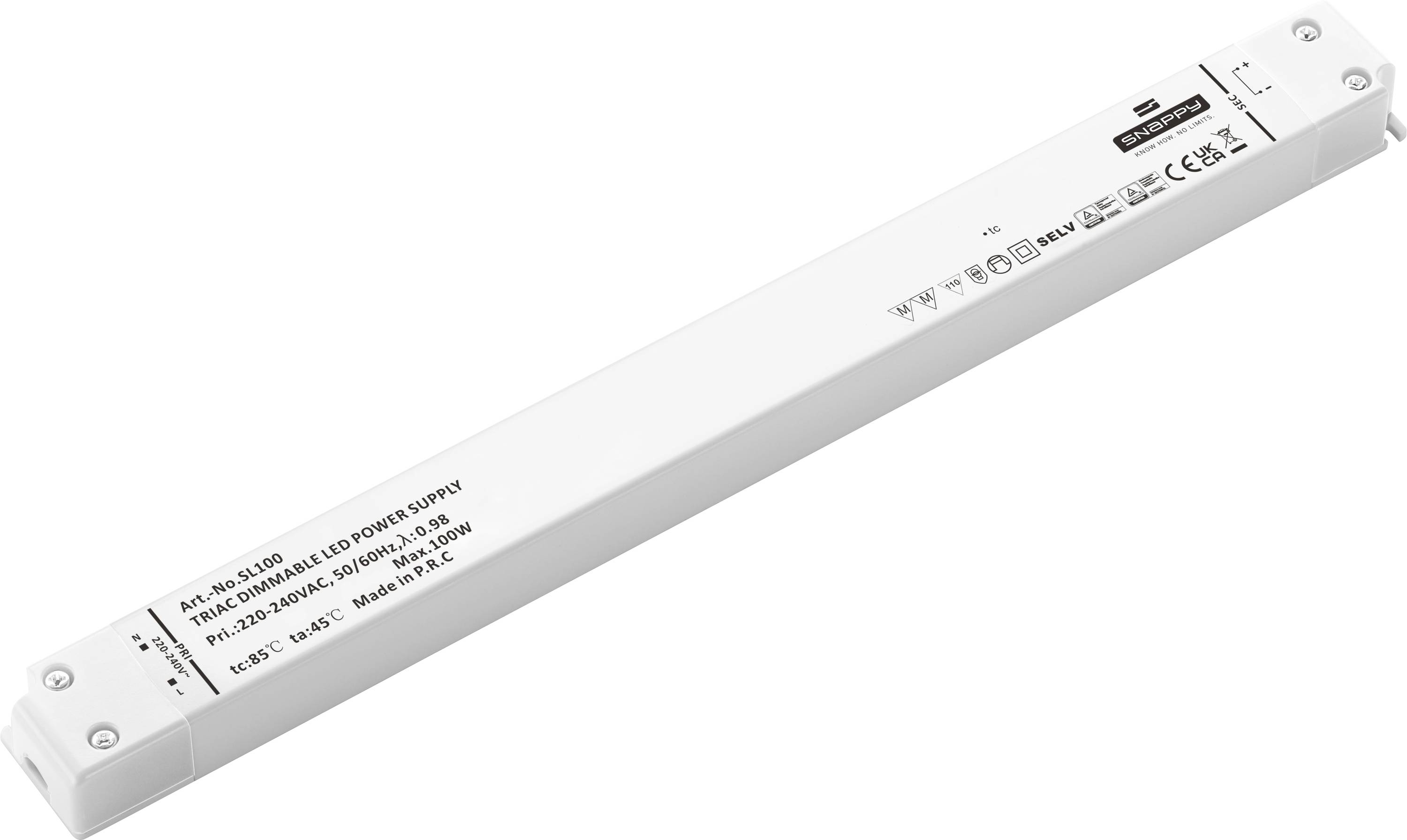 Elongated LED driver with technical specifications and certification logos printed.
