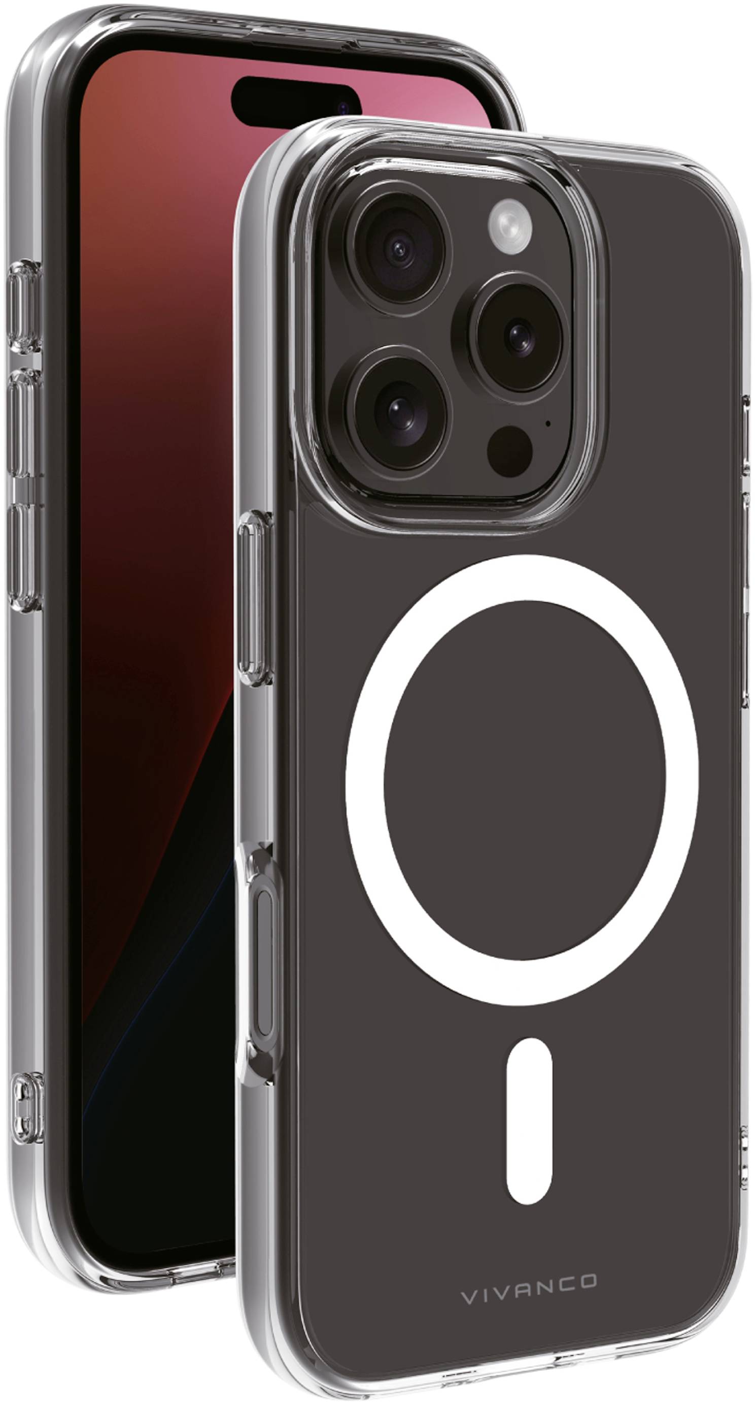 Transparent smartphone case with a circular symbol on the back, designed to fit a mobile phone with three camera lenses.