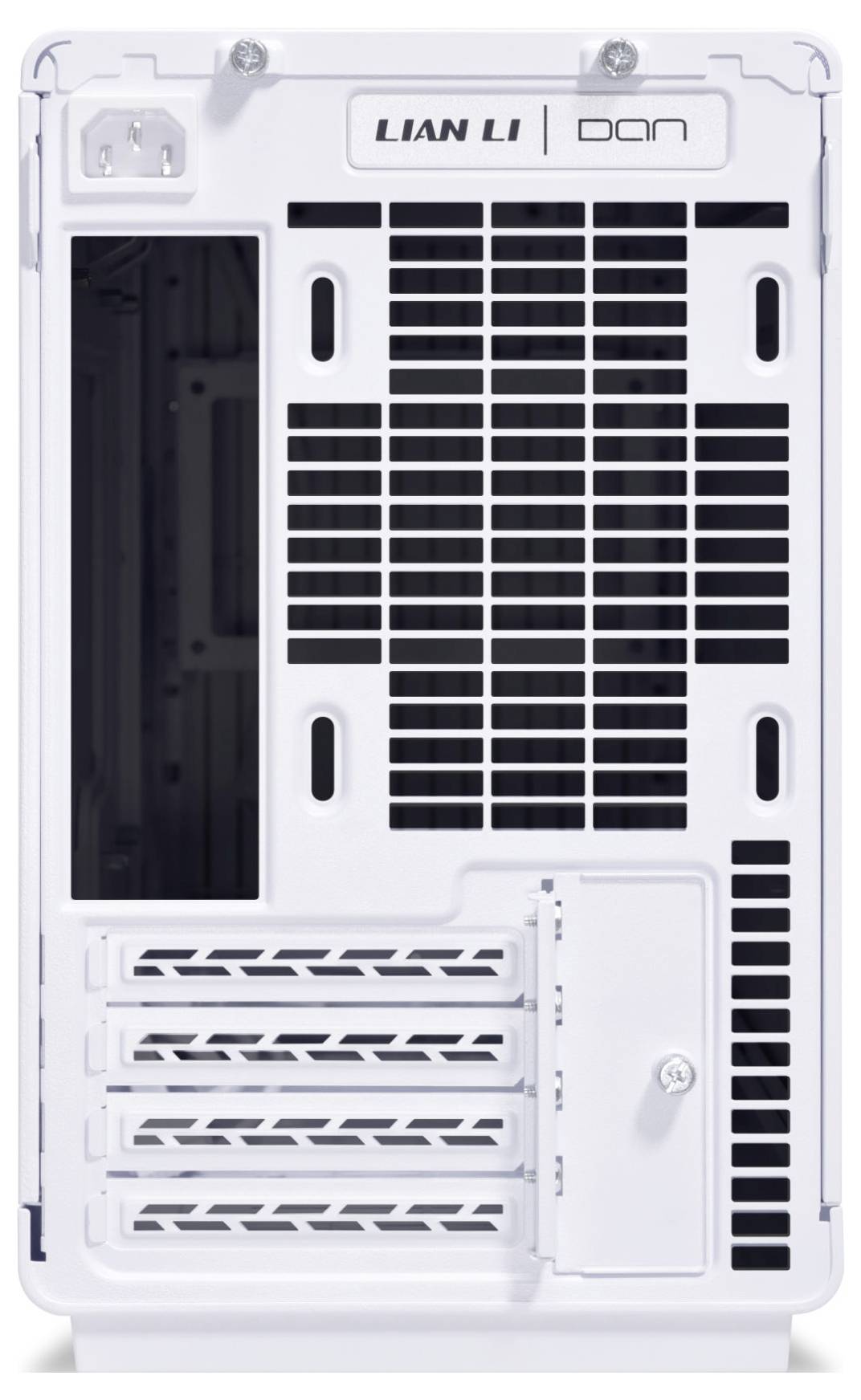 White computer case rear with ventilation slots and expansion card slots, brand name 'Lian Li' visible.