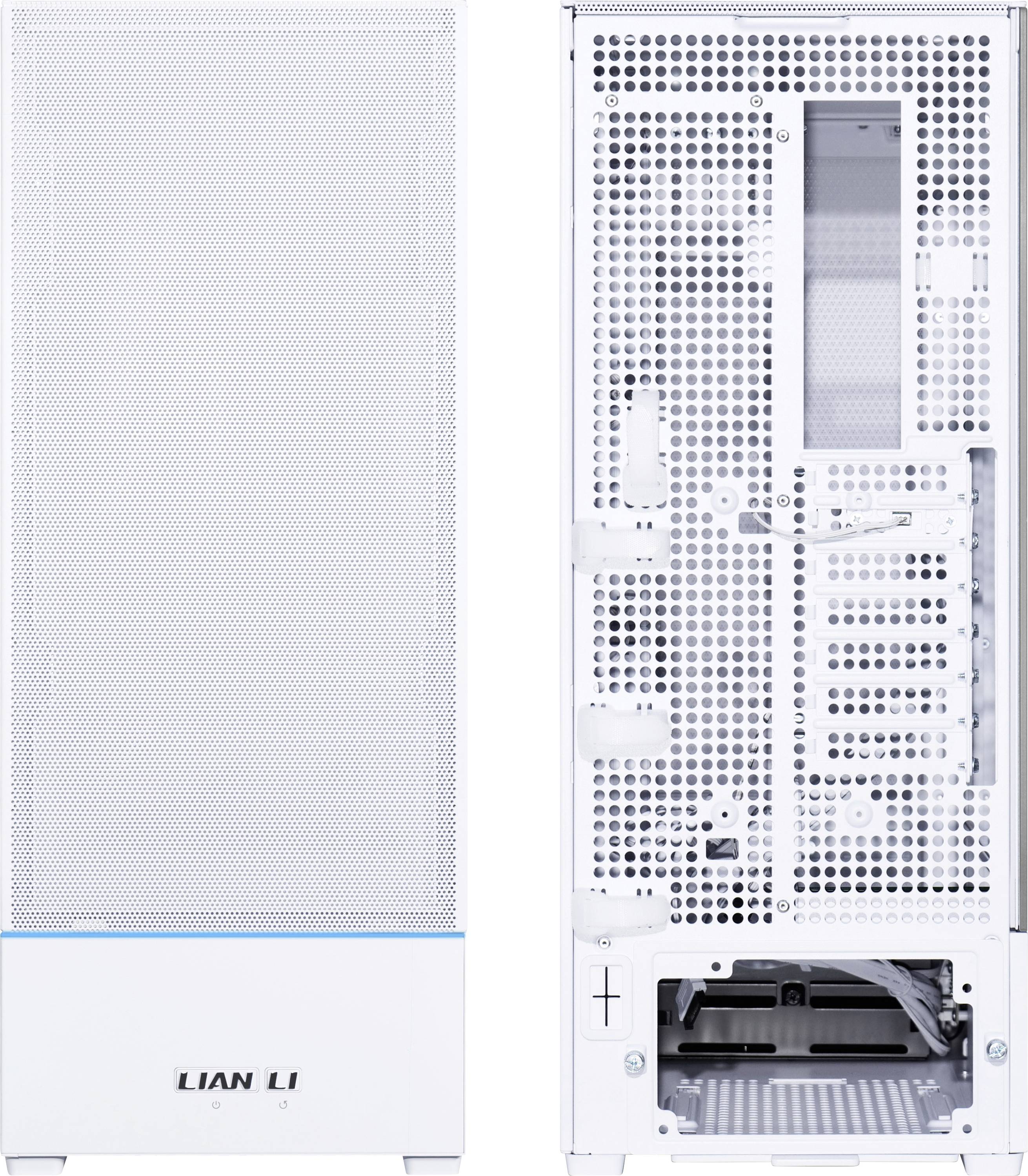 A white Lian Li computer case, front and rear view. The case has a mesh-like front design and multiple expansion slots at the back.
