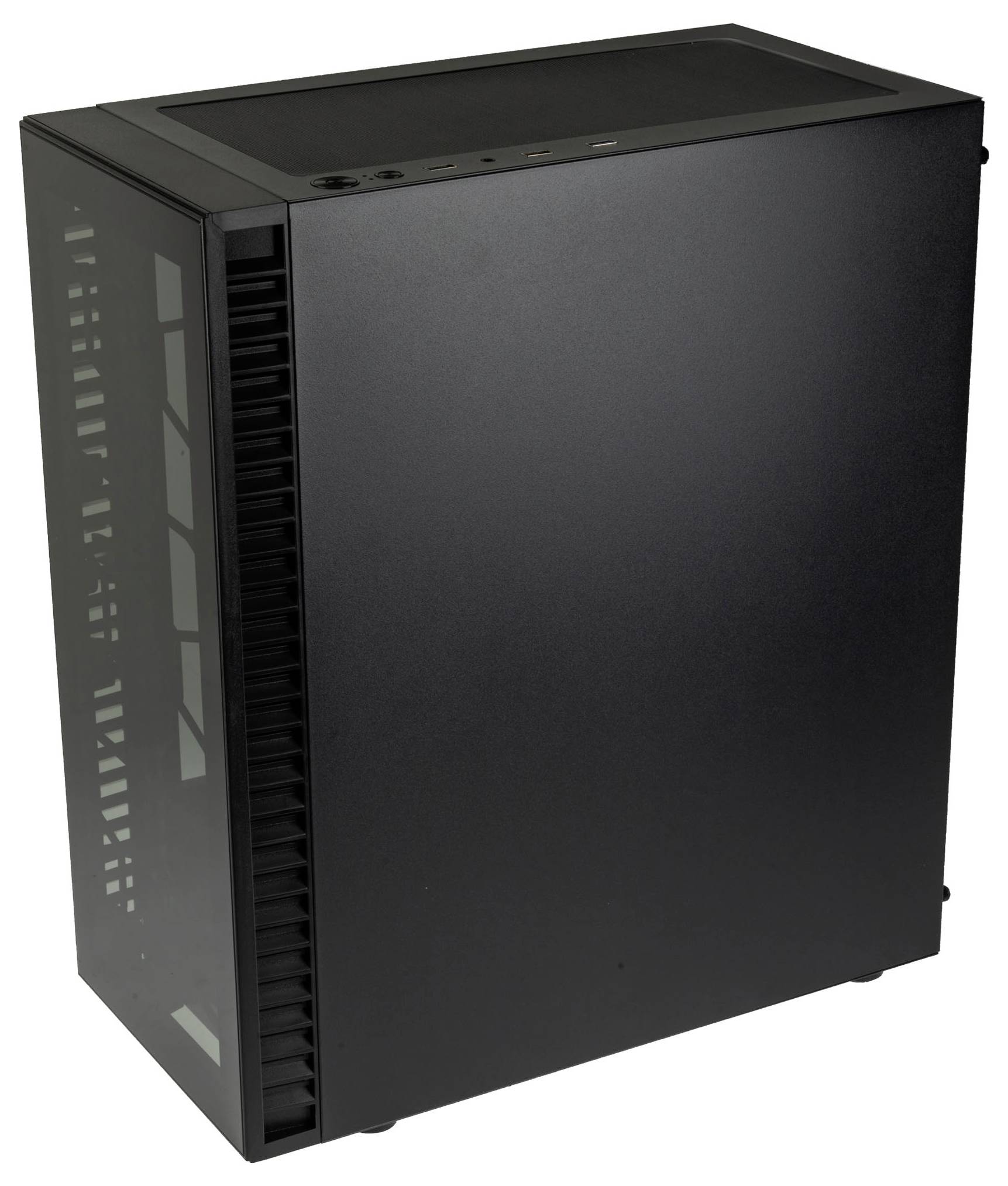 Black computer case with side ventilation grate and connections on the top surface. Minimalist design without visible brand logos.