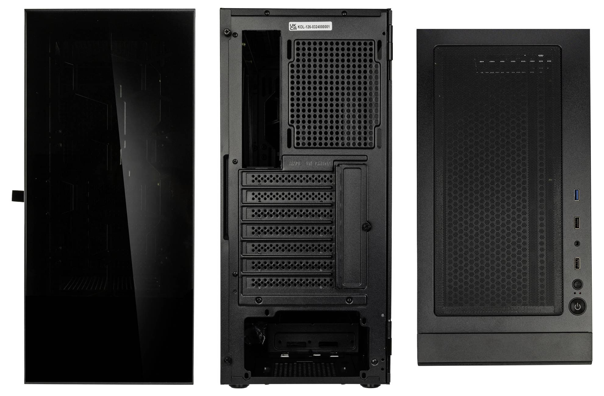 Black PC case viewed from the front, back and top, with multiple ports and ventilation slots.