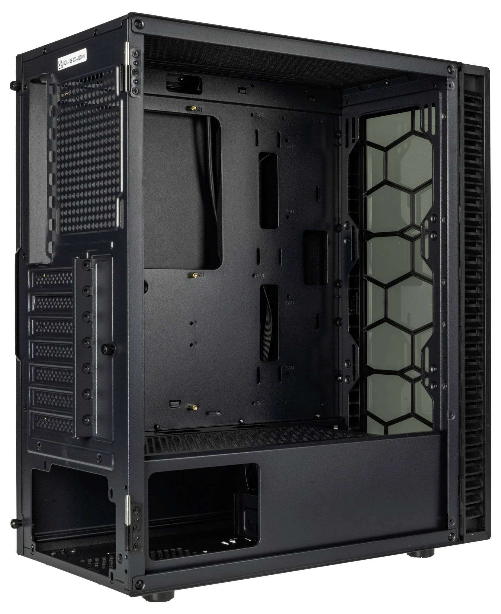 An open computer case with multiple mounting spaces for components and a hexagonal pattern on the side panel.