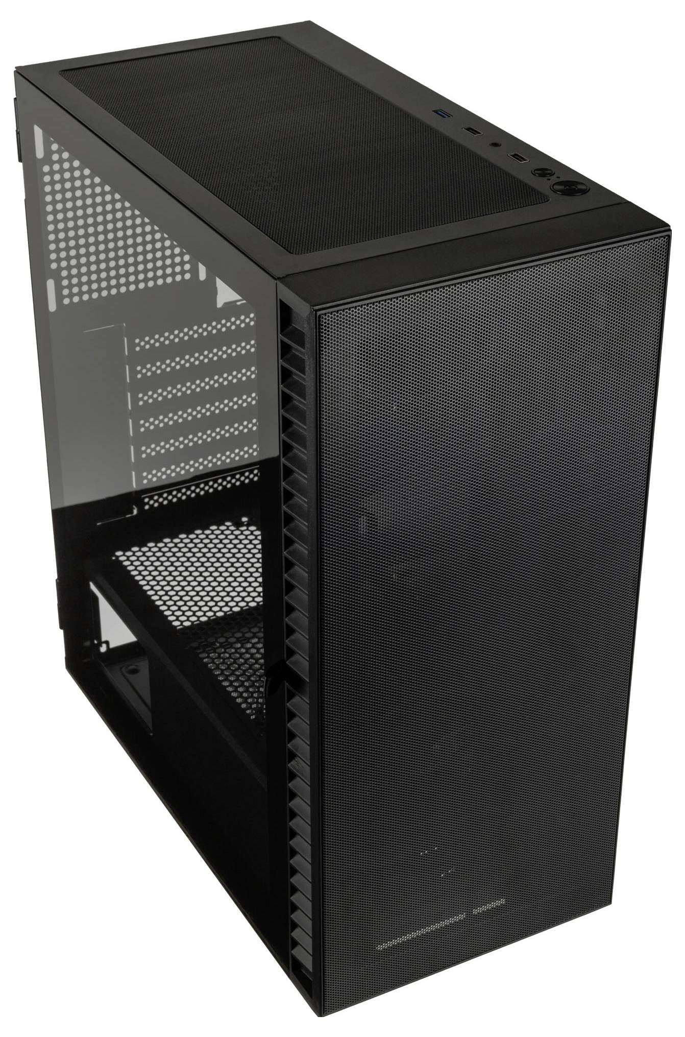 A black computer case with a mesh design for ventilation. Ports for connections are visible on the top. No internal components are visible.