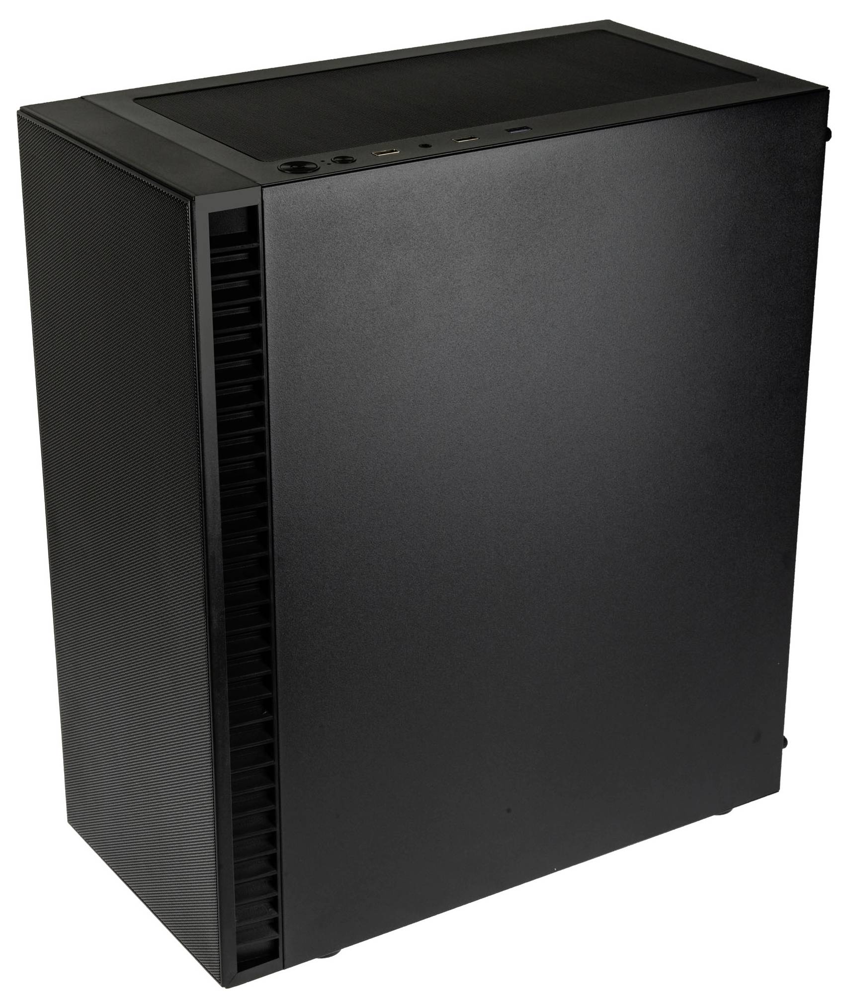Black computer case with a minimalist design, featuring side ventilation slots and connections on the top.