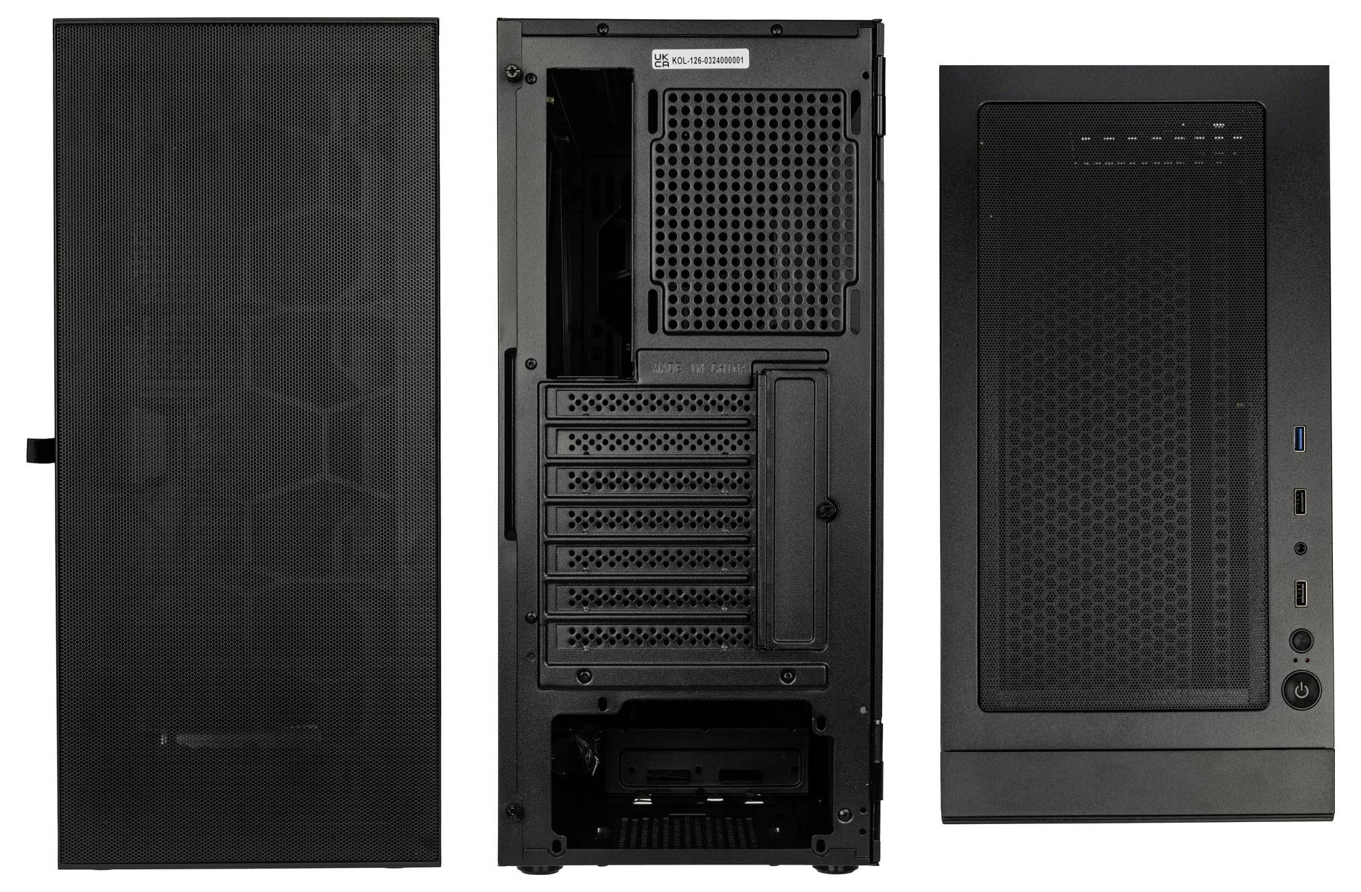 A black computer case is shown from the front, back, and top. It has ventilation grilles and multiple ports on the front panel.