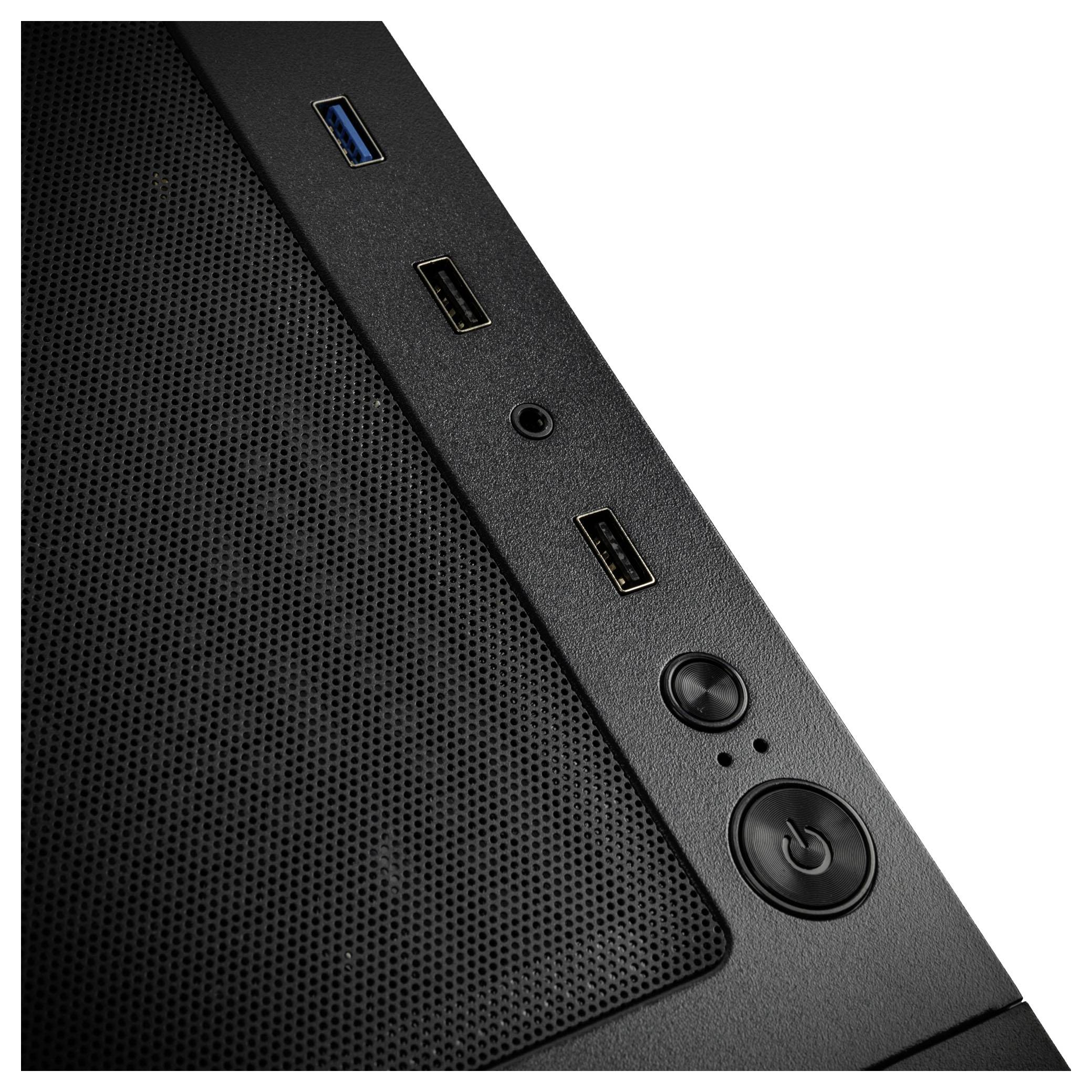 Black PC case with multiple USB ports, an audio socket, and a round power button on the top surface.