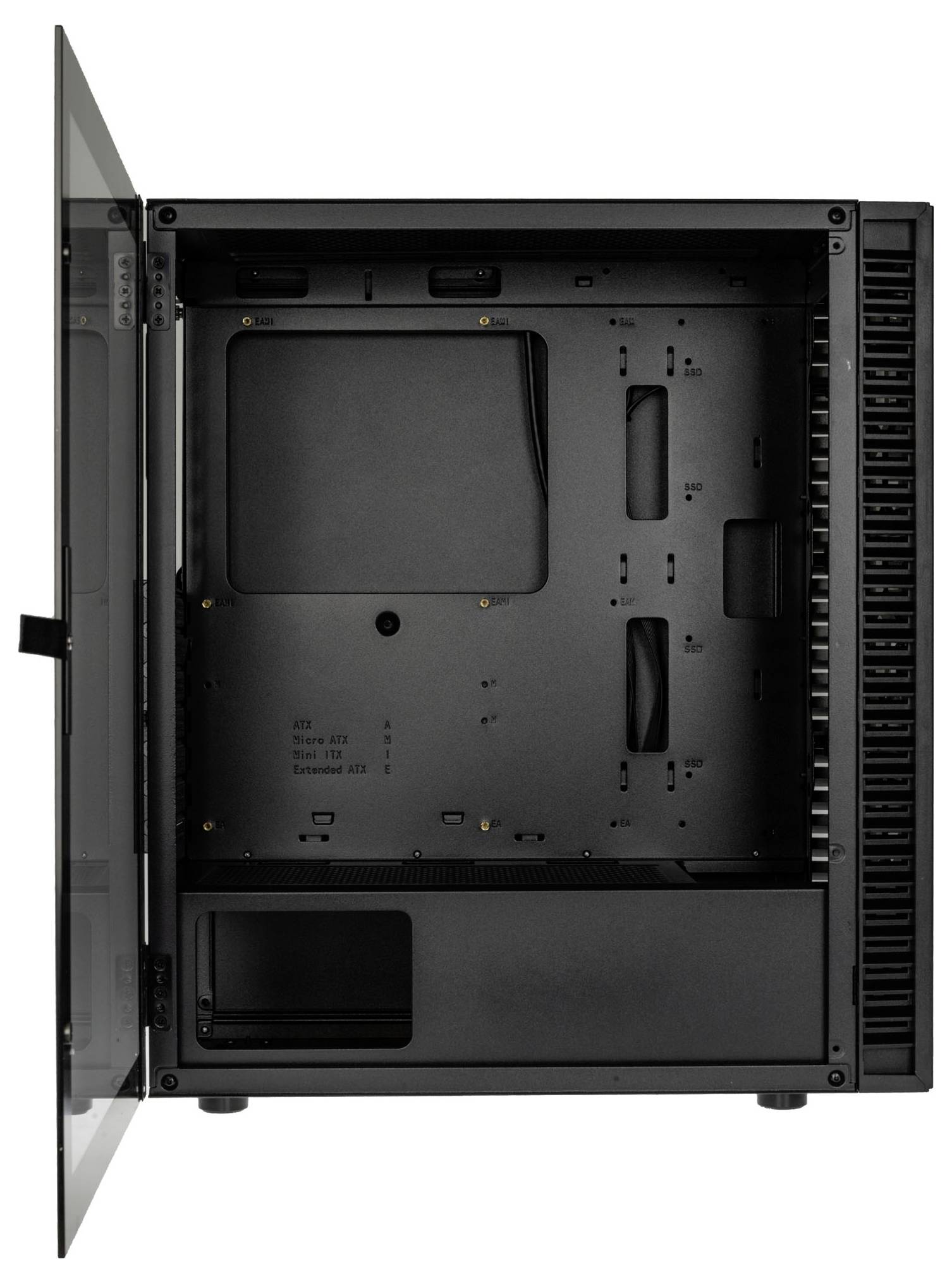 Black computer case with a transparent glass window, open door; interior view shows space for motherboard and cable management.