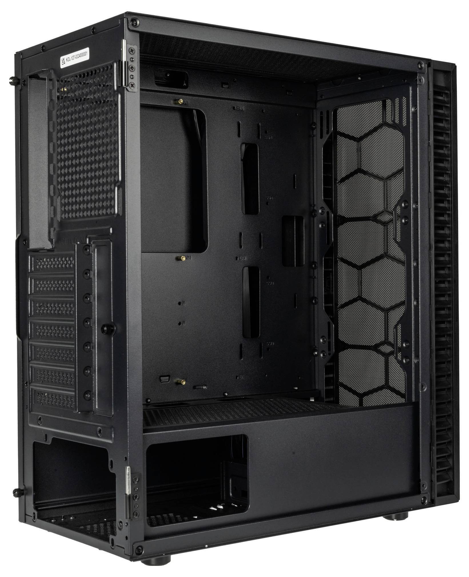Empty computer case, black, with open sides and honeycomb structure on one side panel, suitable for hardware component installation.