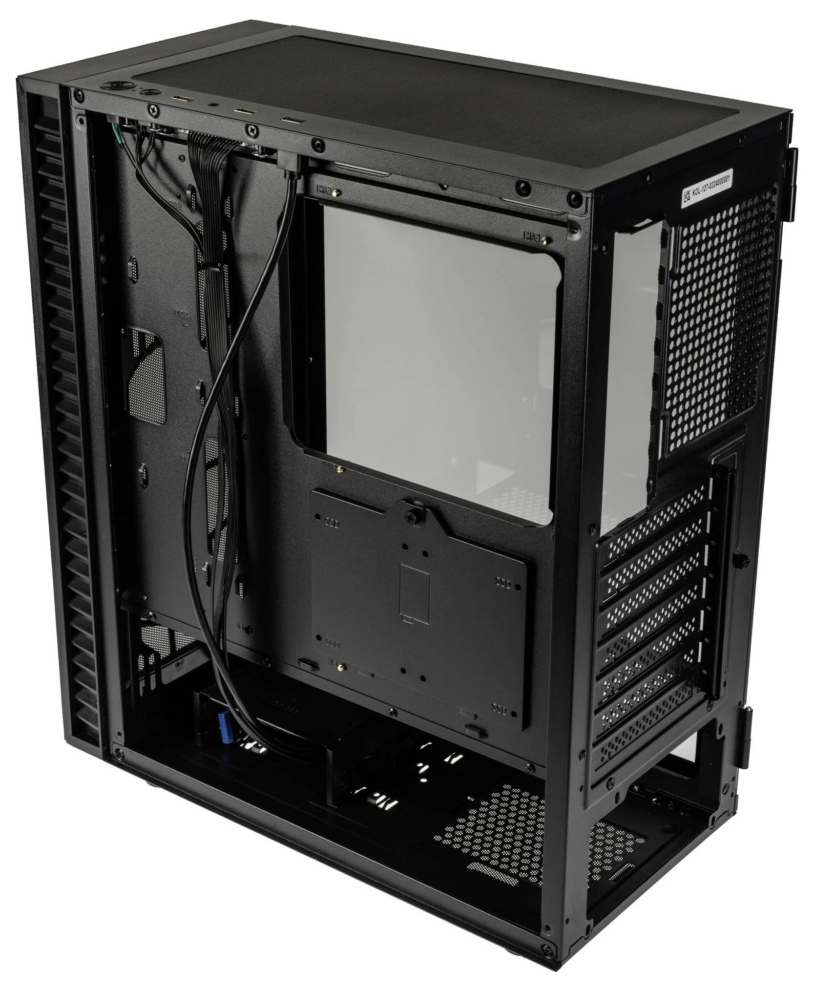 A black computer tower case, empty with an open side panel, displays the interior layout for computer component installation.