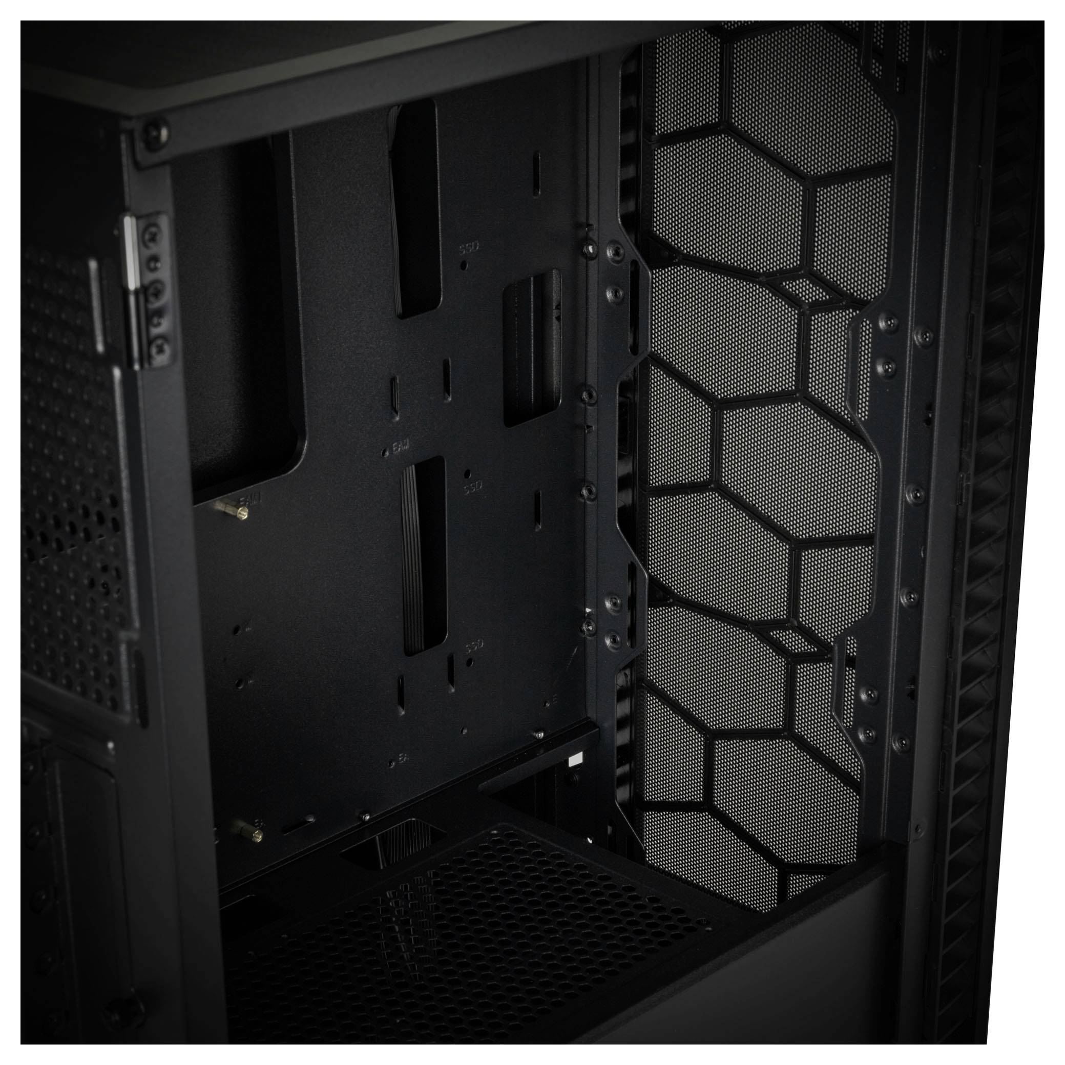 An unassembled computer case, shown open, with a mesh pattern on the side and multiple slots for hardware components.