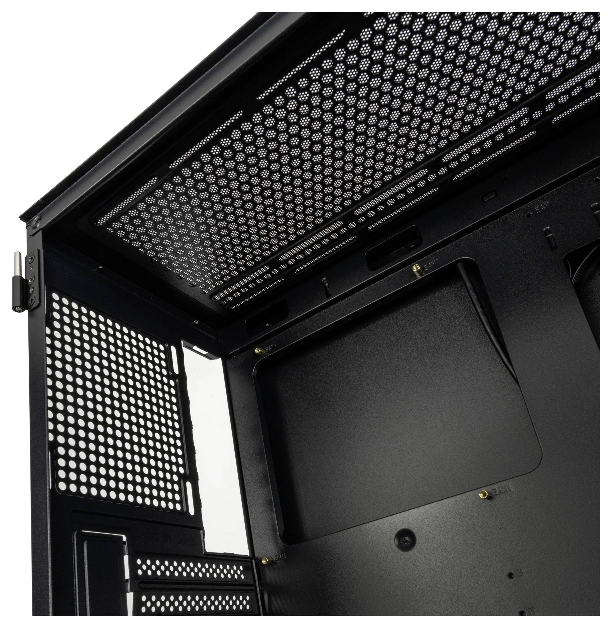 Internal view of a computer case with perforated ventilation openings. It shows mounting brackets for components and cable management.