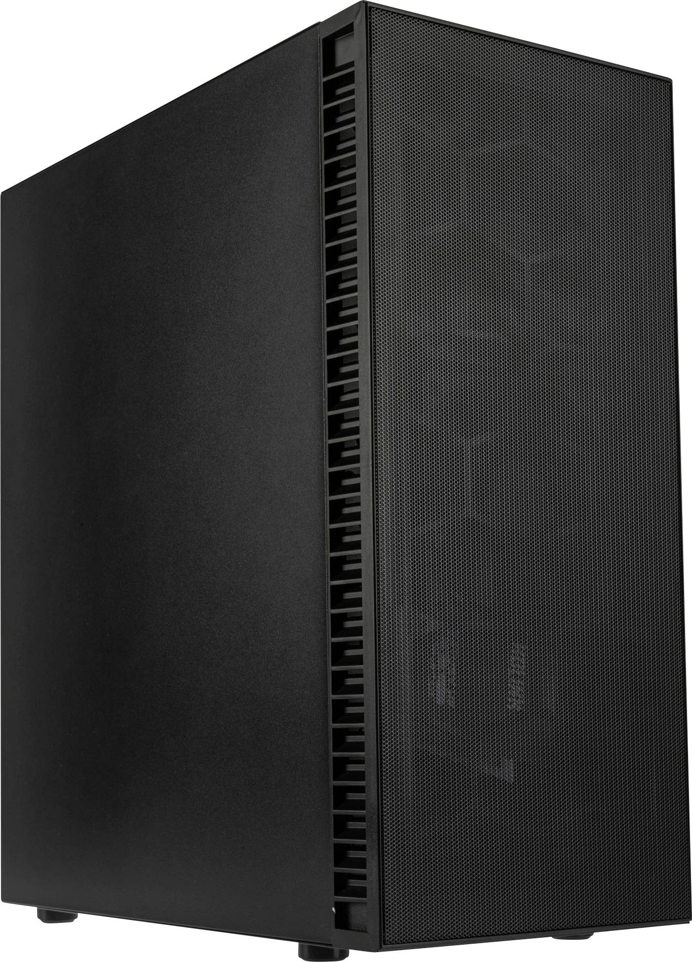 A black computer case with side ventilation. It has a smooth, minimalist front panel and hexagonal patterns on the front.