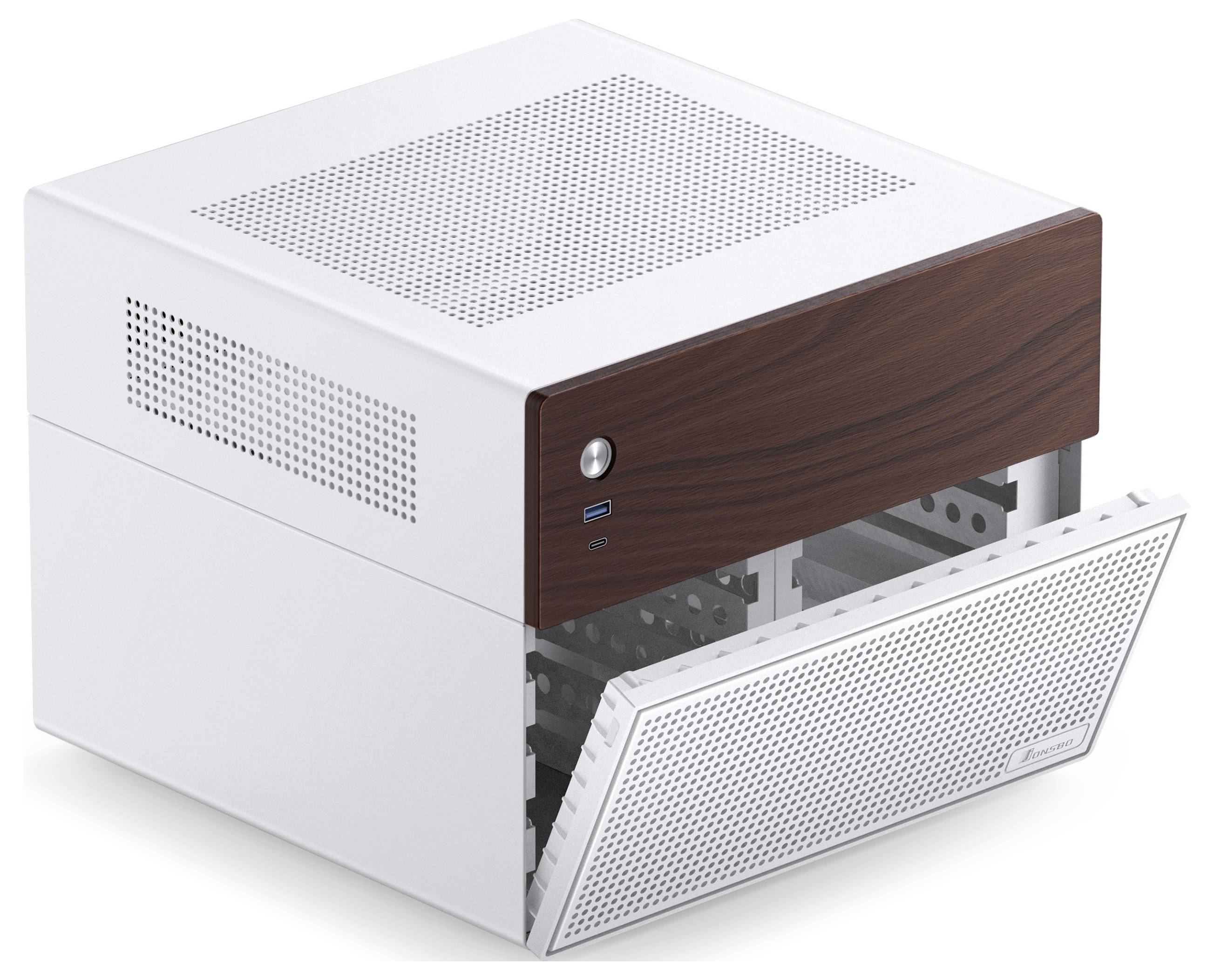 A white, cube-shaped computer case with a wooden accent, partially open. It has ventilation grilles and USB ports on the front.