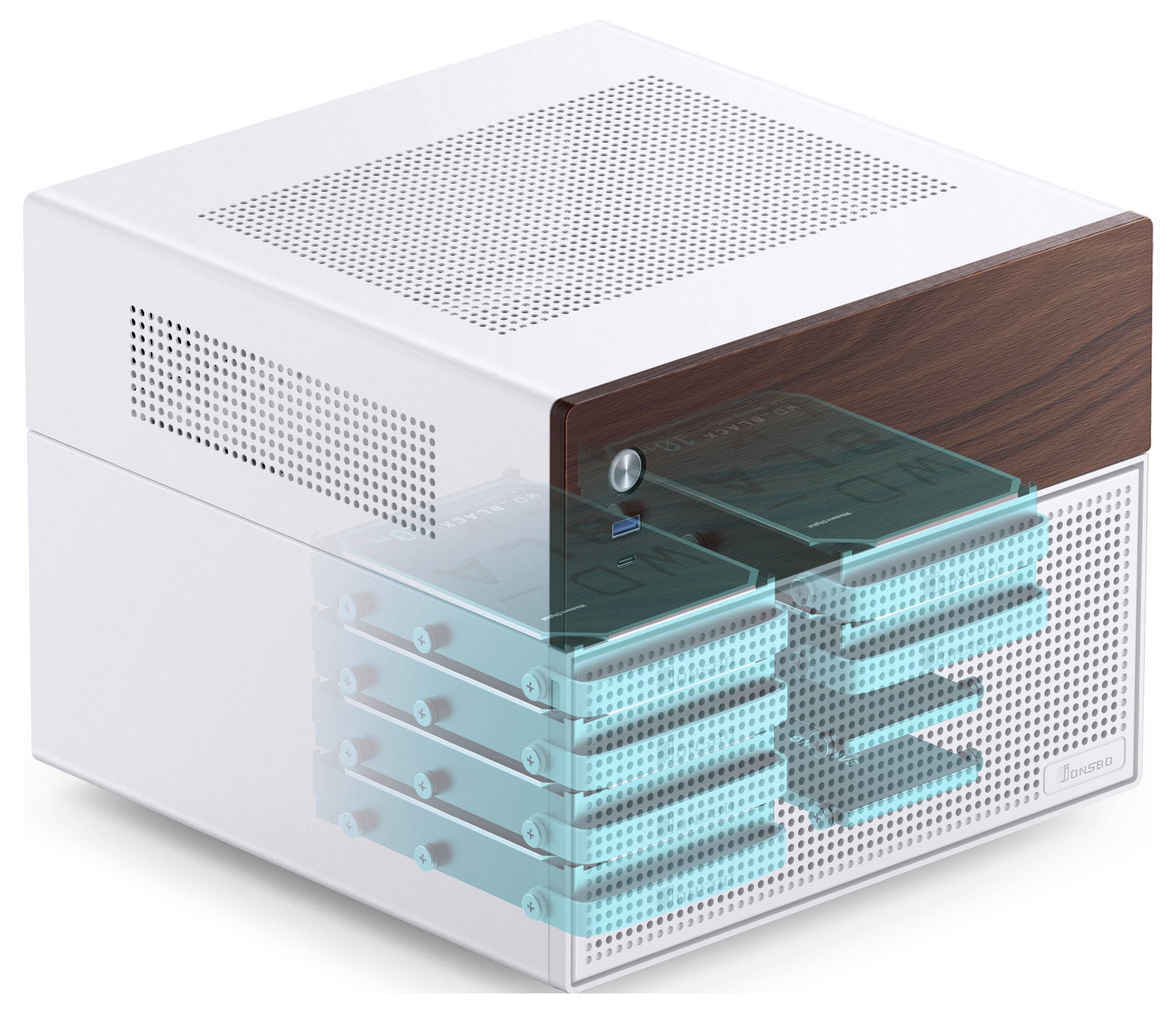A modern, white computer tower with a transparent section revealing its internal layout, including multiple stacked drives.