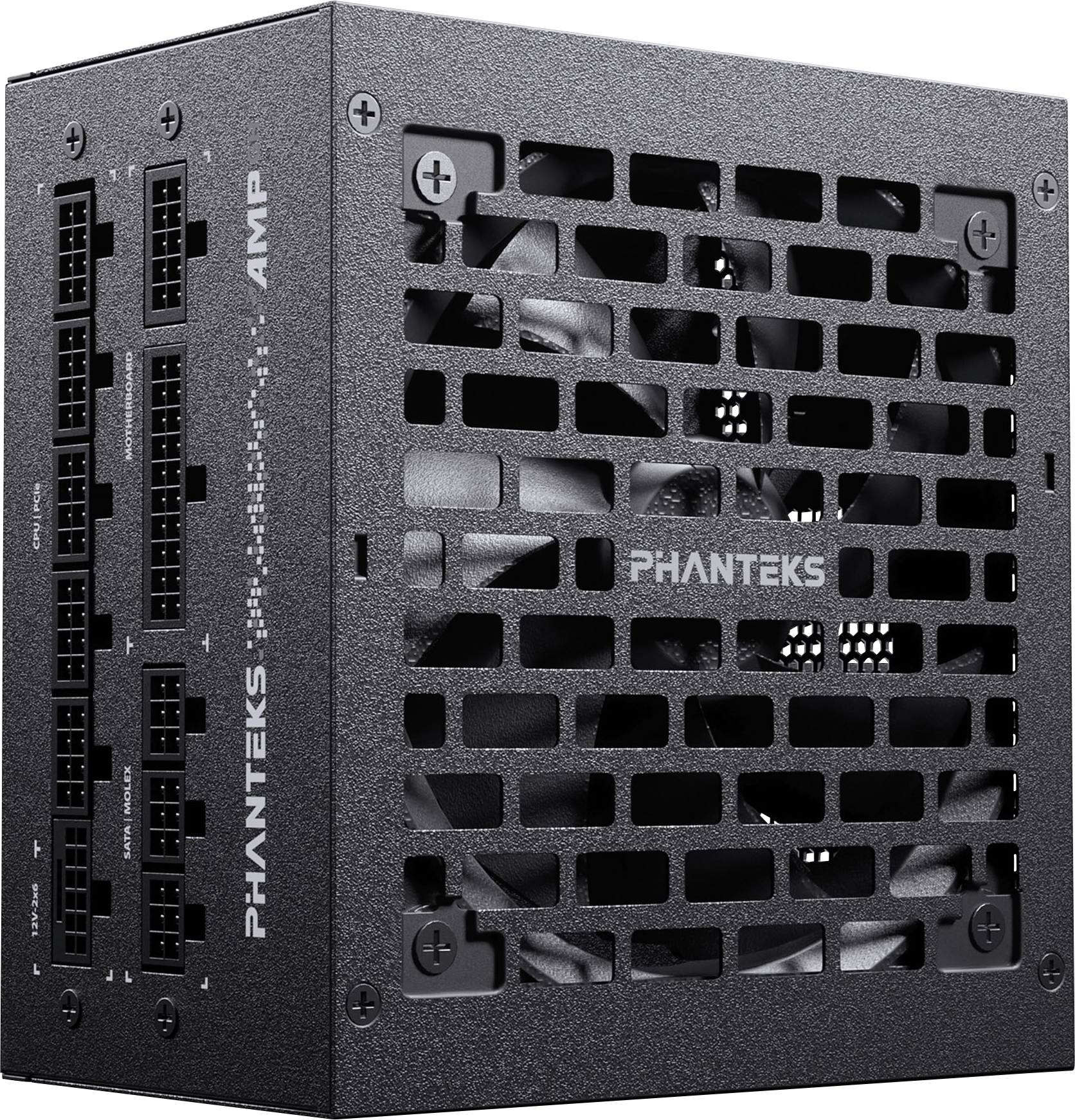 Black computer power supply from Phanteks with ventilation grille and connections on the side, suitable for gaming and high-performance PCs.