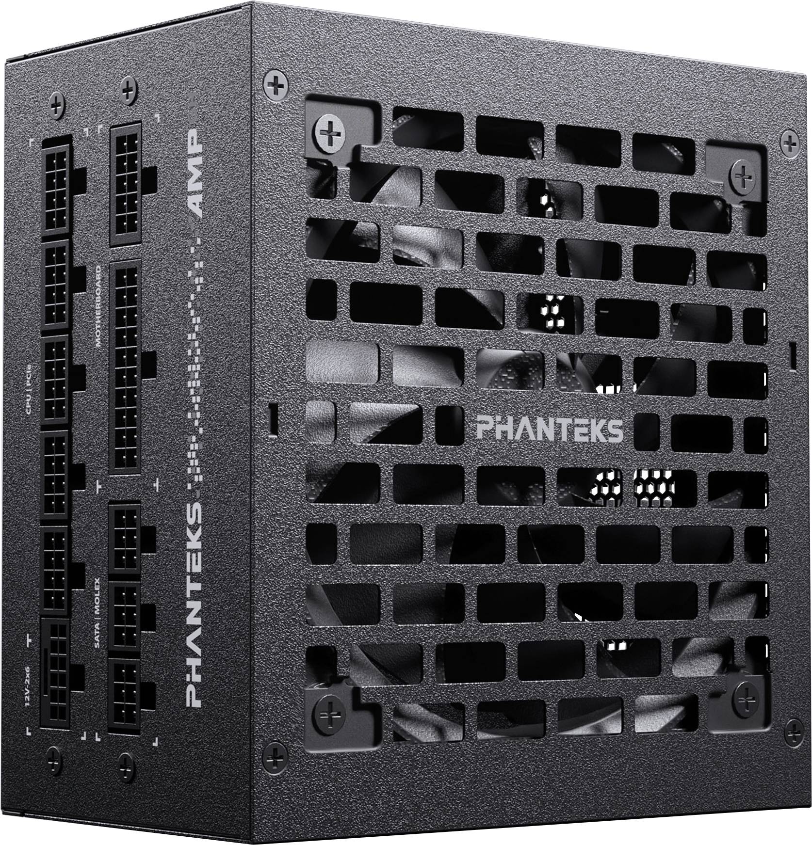 A black Phanteks power supply with a fan grille and multiple connections on the side, suitable for computer hardware installation.