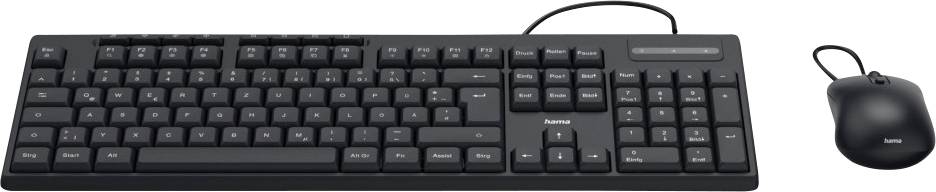 Black wired keyboard with number pad and wired mouse, both shown side by side, on a white background.