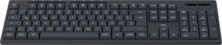 Black computer keyboard with full key layout, including numeric keypad and function keys.