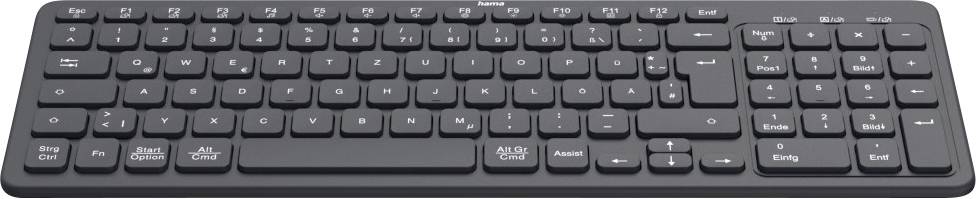 A black, wireless computer keyboard with a full layout, including a number pad and function keys.