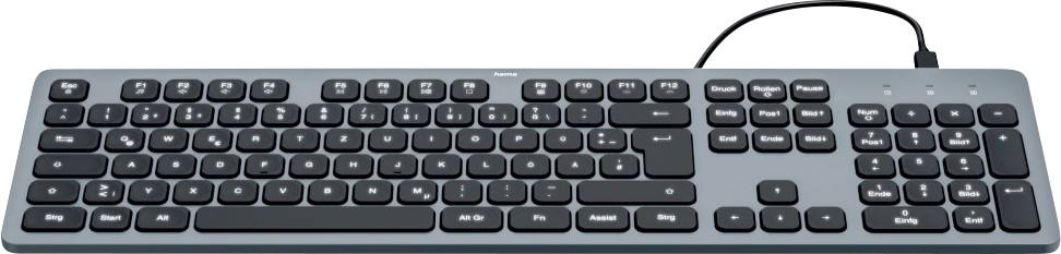 A black computer keyboard with cable and full layout, including numeric keypad and function keys.
