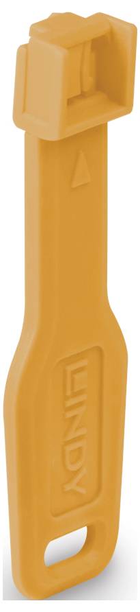 Orange plastic Lindy cable pull tab with a looped handle and embossed logo, shown on a white background.