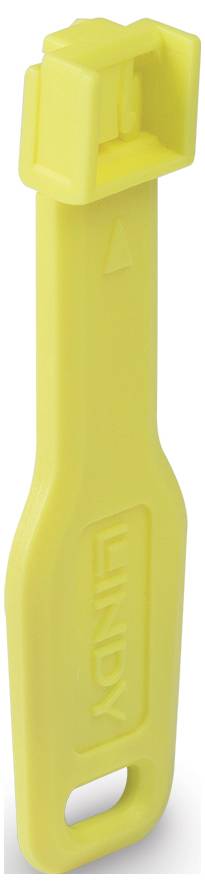 Yellow plastic opening tool with a LINDY-branded handle and a small hanging slot at the bottom.