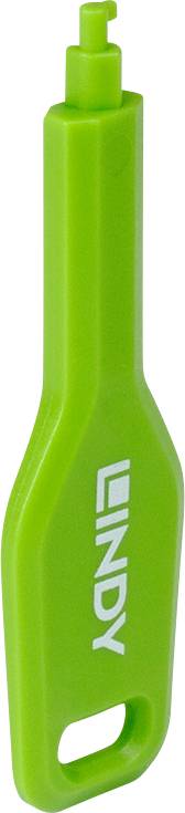 Green LINDY plastic utility tool with a narrow bottle-opener style handle and a hole at the base, shown on a white background.