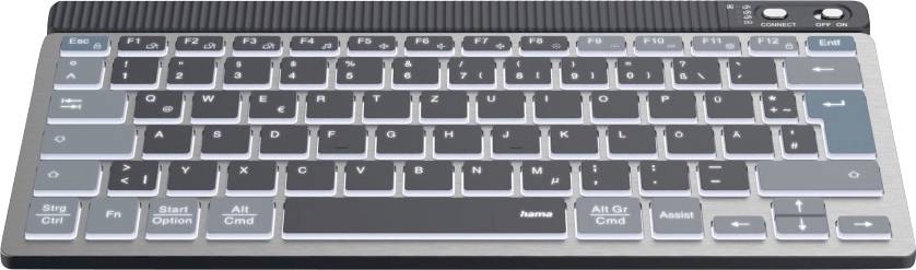 Top-down view of a wireless computer keyboard with black keys and a silver frame, functional without any suggested contextual input.