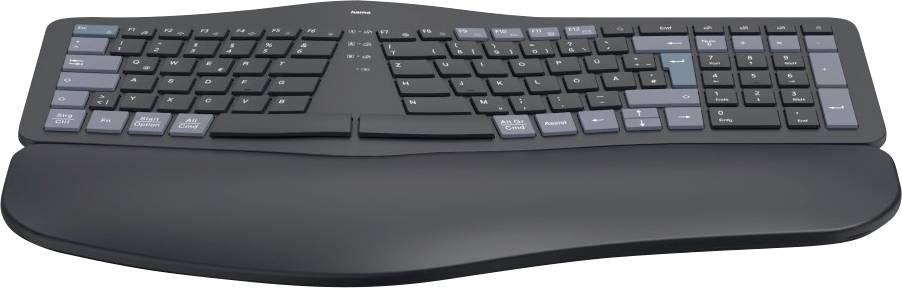 Ergonomic black keyboard with split key layout and wrist rest. Keys arranged in two groups with function keys at the top.