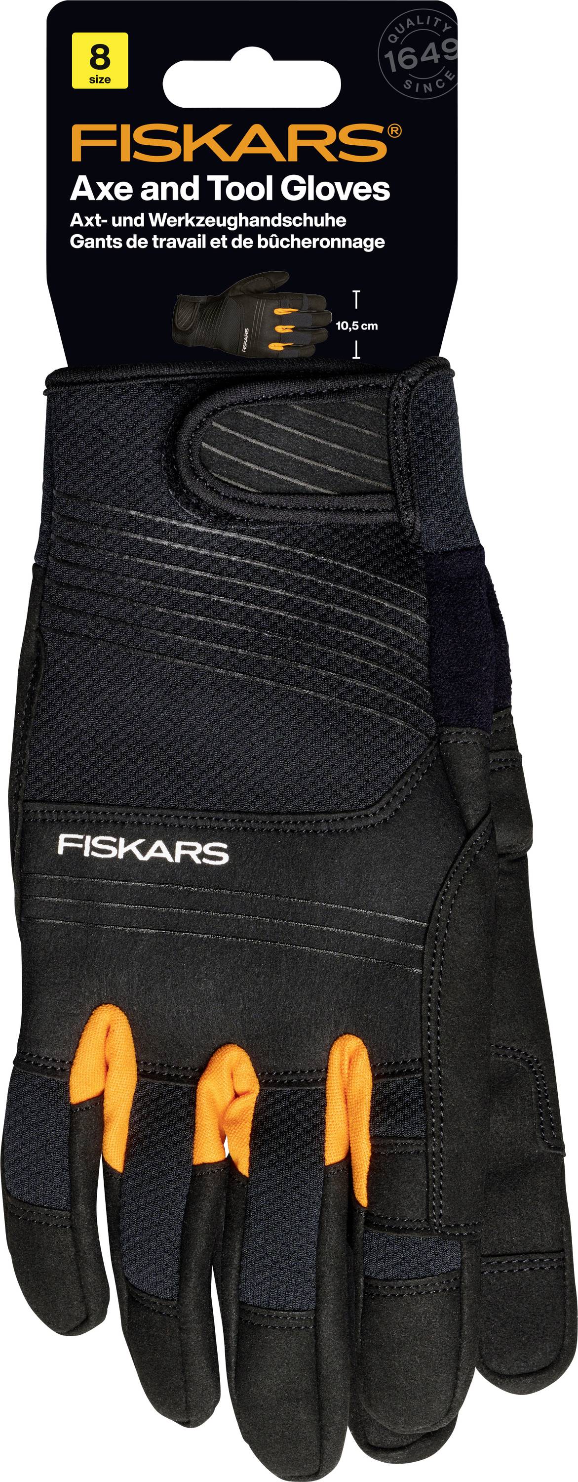 Fiskars 'Work and Tool Gloves', Size 8, with reinforced black and orange fingertips, packaging displays logo.