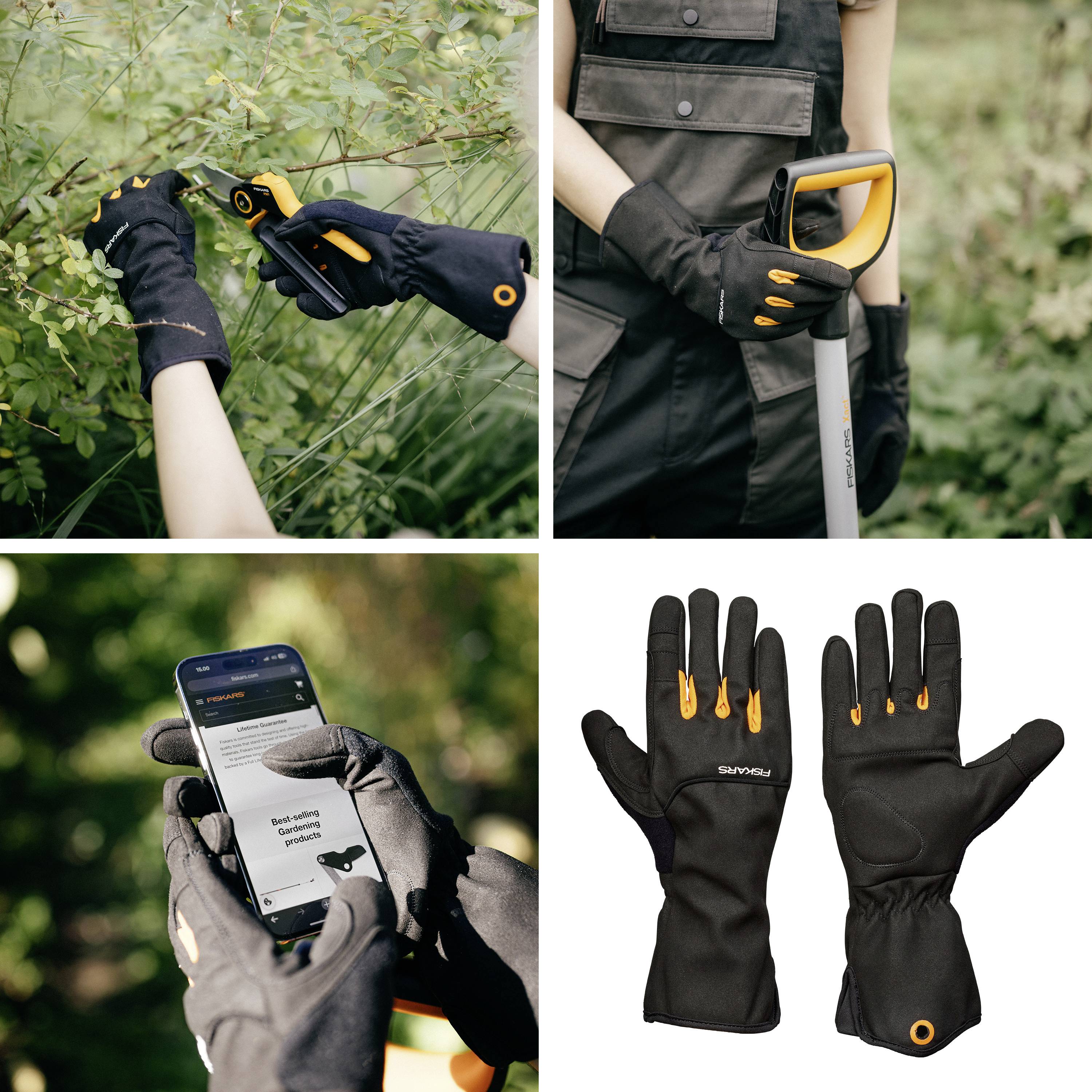 A person is wearing work gloves, cutting plants with secateurs and handling a smartphone. The gloves are pictured alongside.