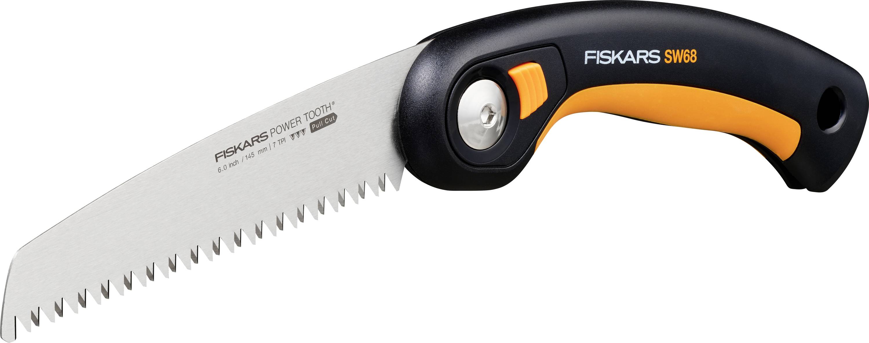 Garden saw with a curved handle and curved blade, suitable for precise cutting of branches and wood.