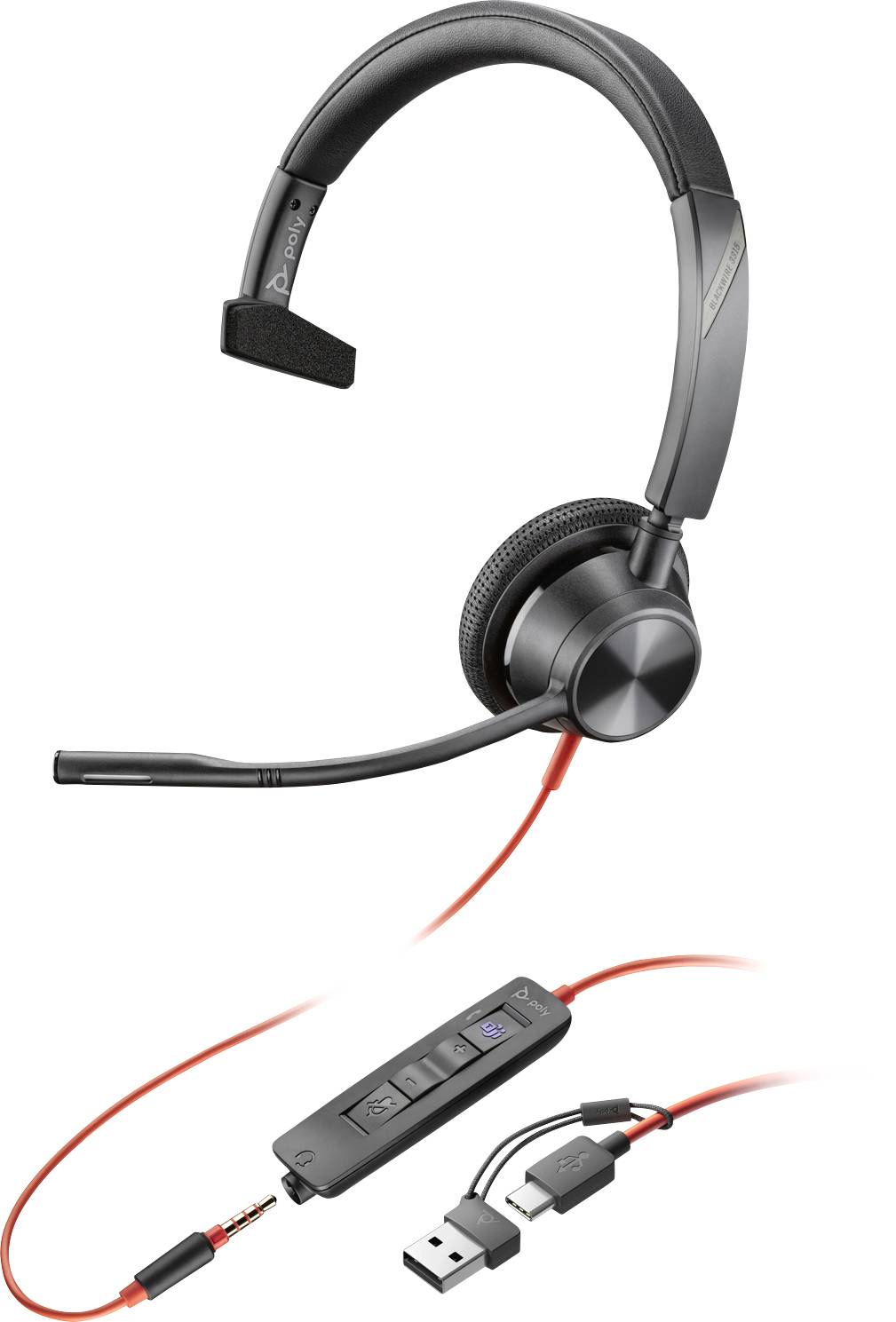 HP Poly Blackwire C3315-M On-ear headset Corded (1075100) Mono Black Microphone noise cancelling, Noise cancelling Headset