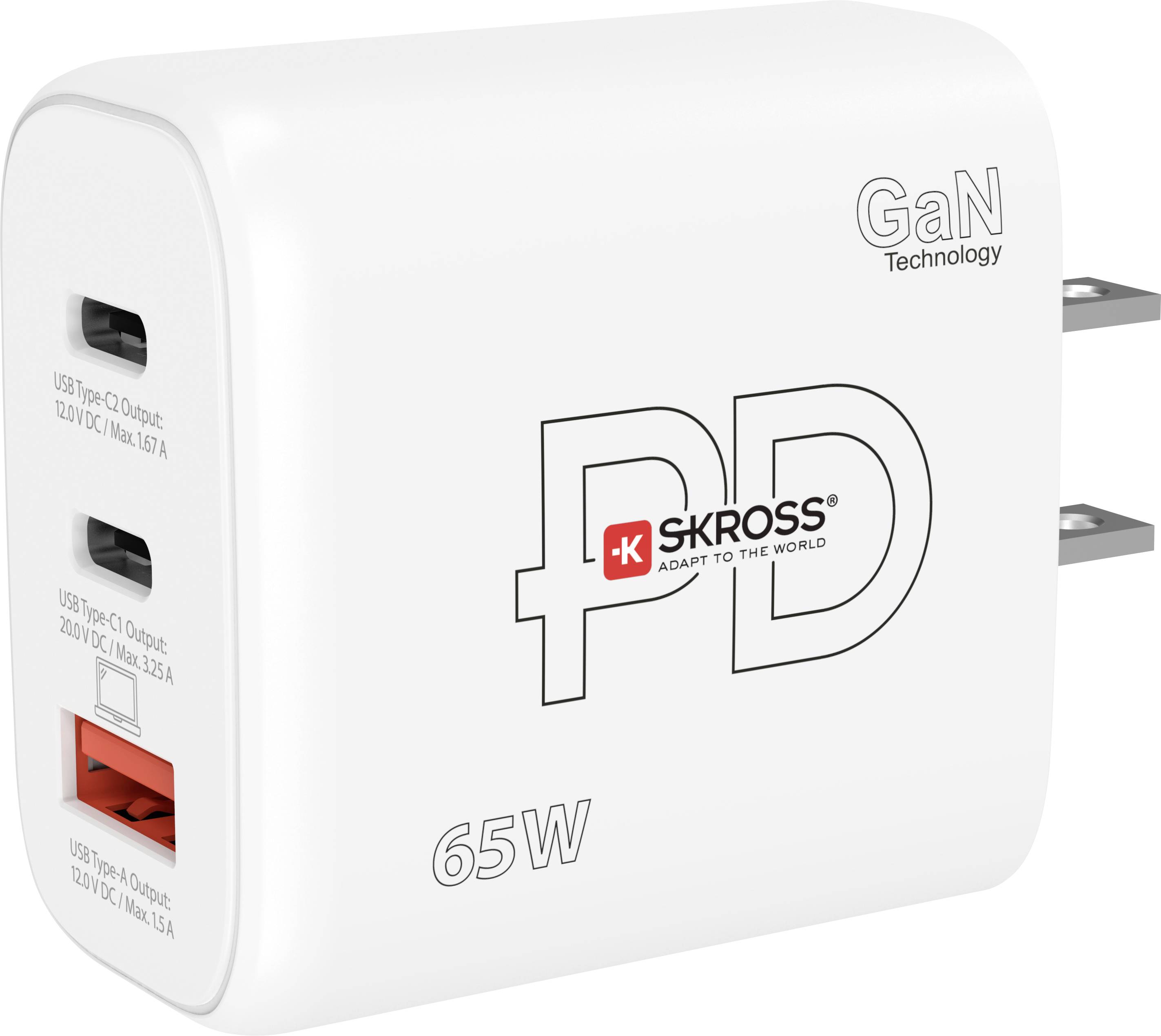 White charger with two USB-C and one USB-A port. Inscription: '65W, GaN Technology, SKROSS'. Developed for fast charging.