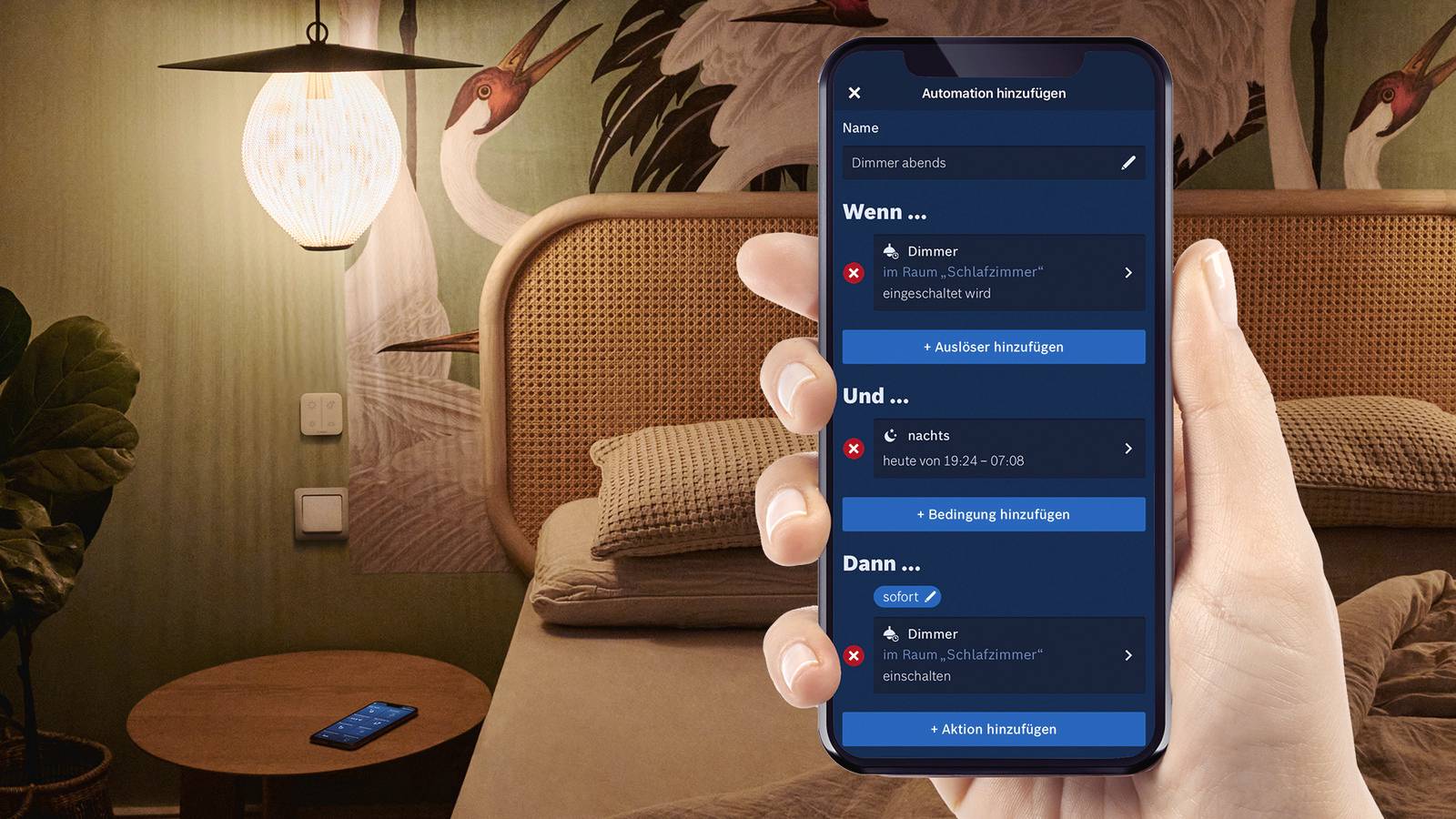 A hand holding a smartphone with an automation app for an evening routine. 'If', 'And', 'Then' commands on the screen. Bedroom in the background.