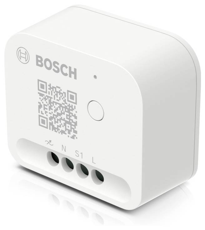 A white Bosch Smart Home device with a QR code on the front and connections at the bottom.