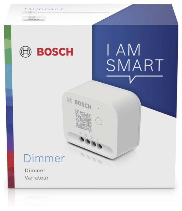 'Bosch Dimmer' packaging with product illustration. Slogan 'I am smart'. Product shows technical connections.